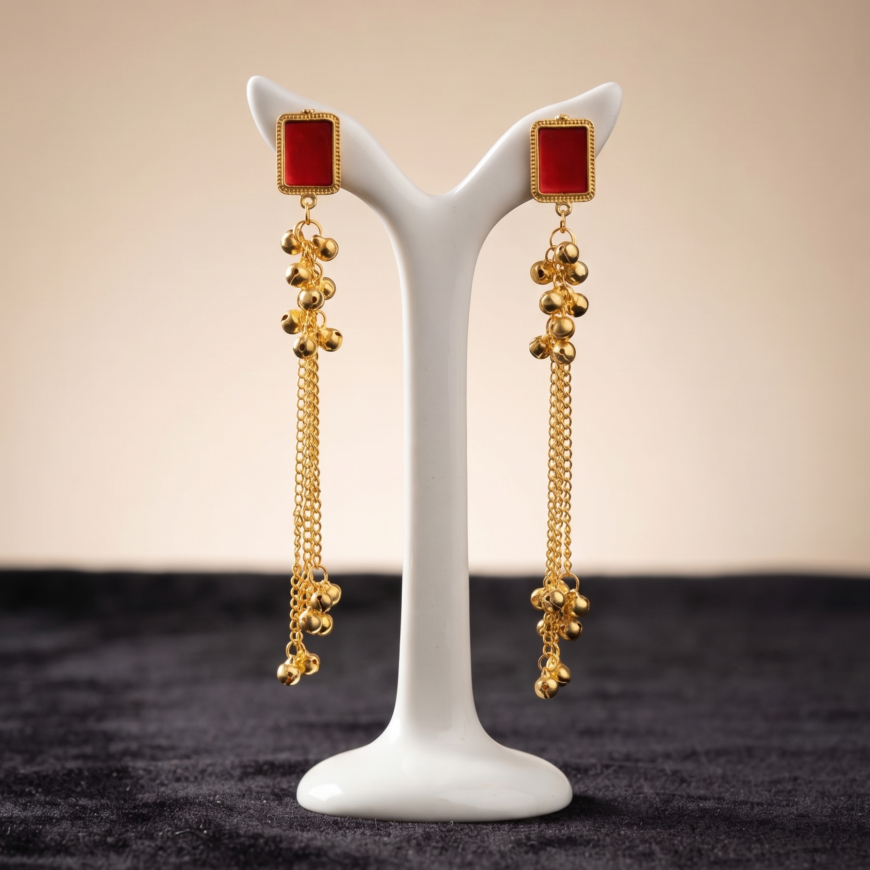Gold Tone Red Stone Long Chain Tassel Earrings For Women & Girls