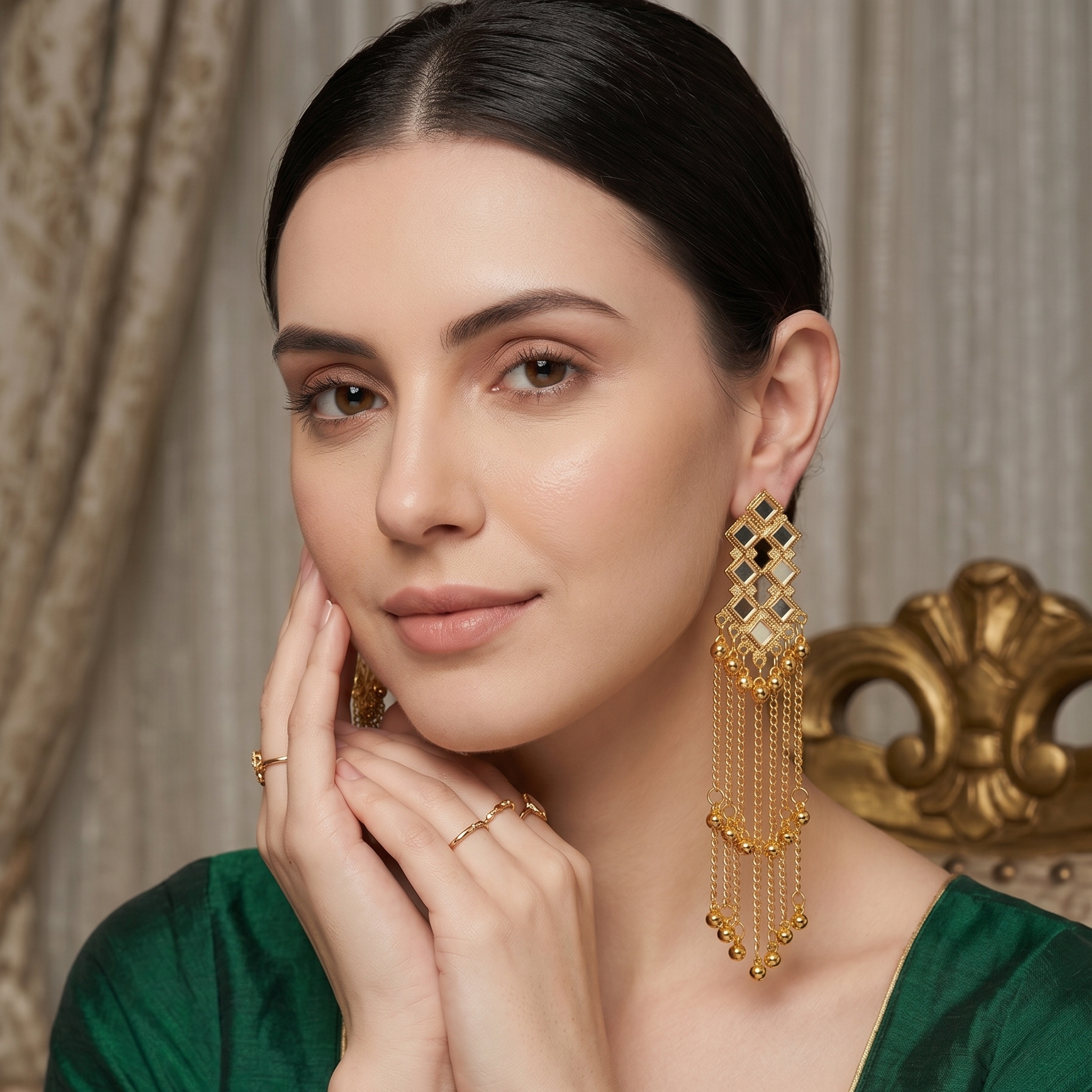 Kashmiri Style Mirror Stone Long Chain Earrings For Women & Girls