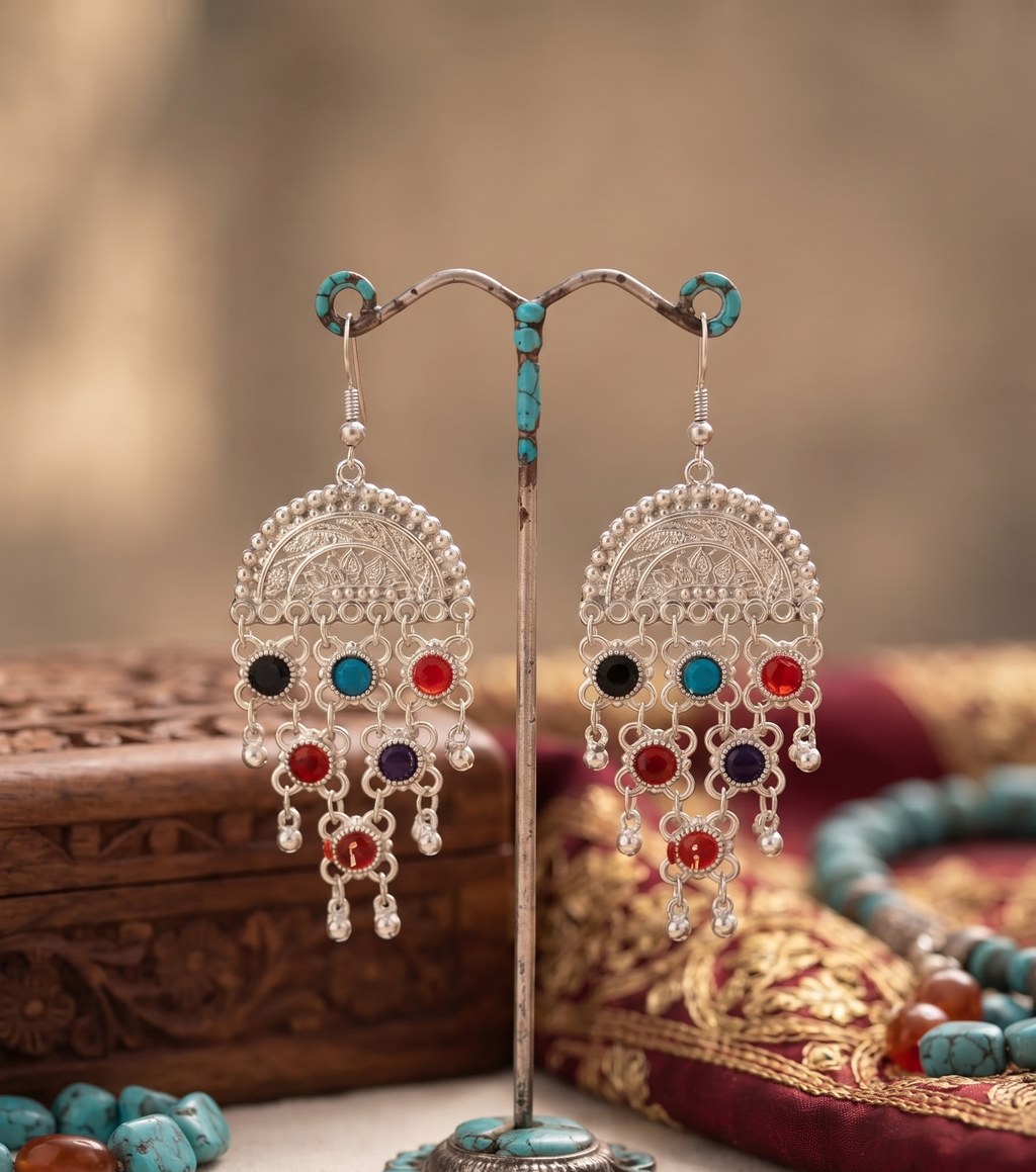 Oxidised Silver Multicolor Stone Jhumka Earrings for Women & girls