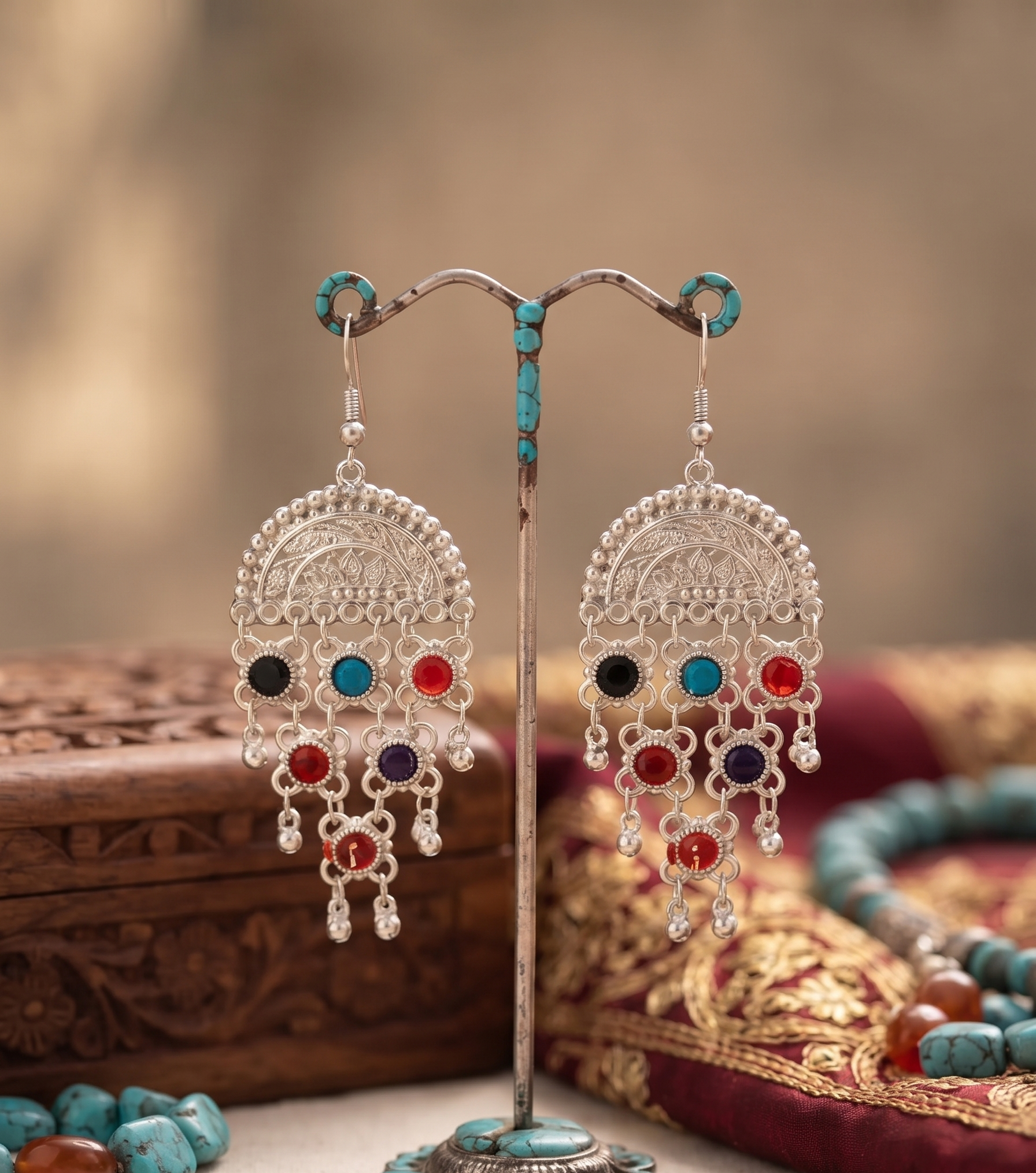 Oxidised Silver Multicolor Stone Jhumka Earrings for Women & girls
