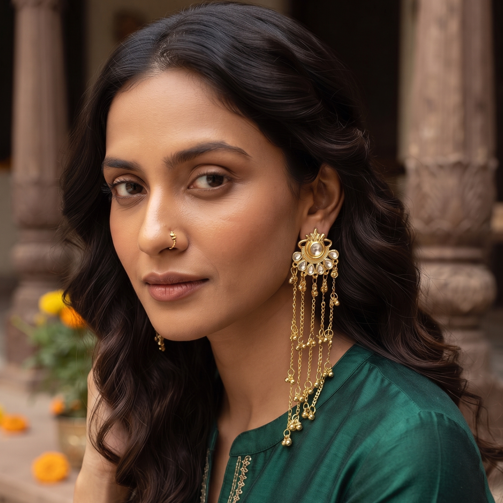 Kashmiri Style Gold Tone Sun Motif Long Chain Jhumka Earring For Women & Girls