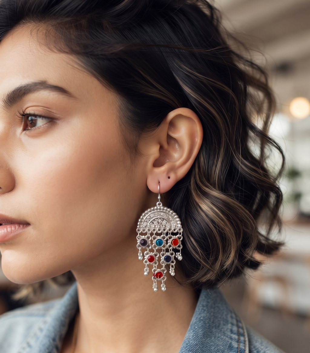 Oxidised Silver Multicolor Stone Jhumka Earrings for Women & girls