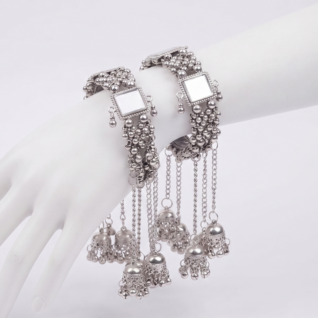 Oxidised Silver Mirror Bangle with Jhumki
