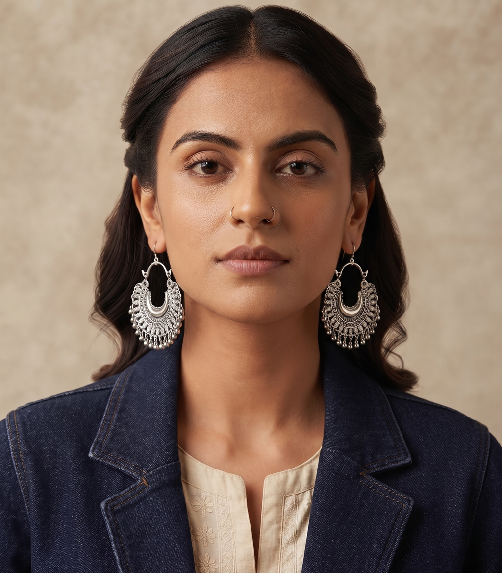 Oxidised Silver Crescent Moon Chandbali Earrings For Women& Girls