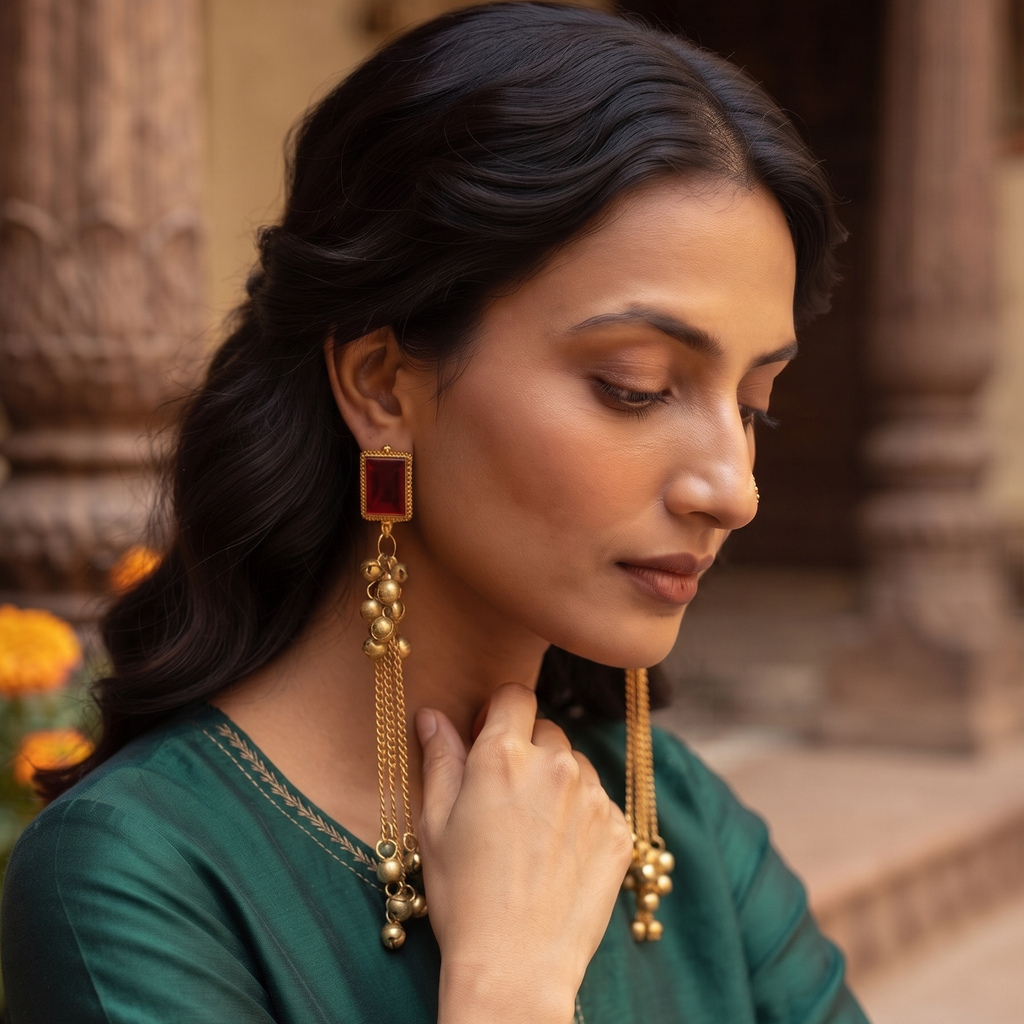 Gold Tone Red Stone Long Chain Tassel Earrings For Women & Girls
