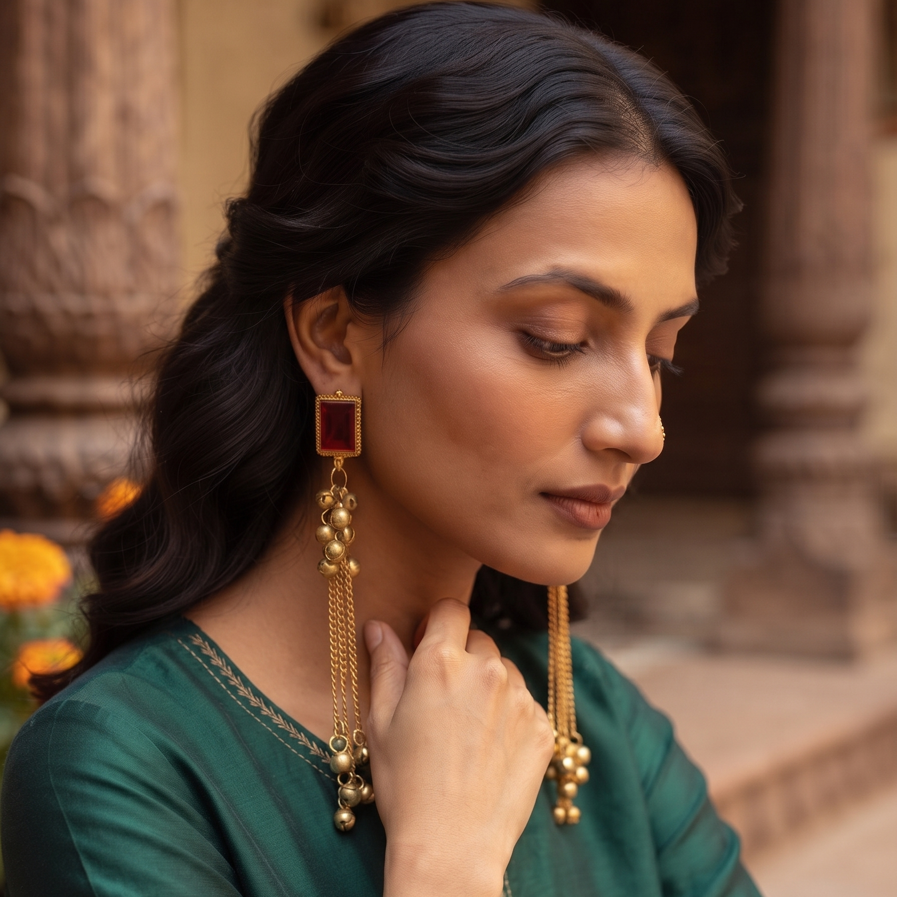 Gold Tone Red Stone Long Chain Tassel Earrings For Women & Girls