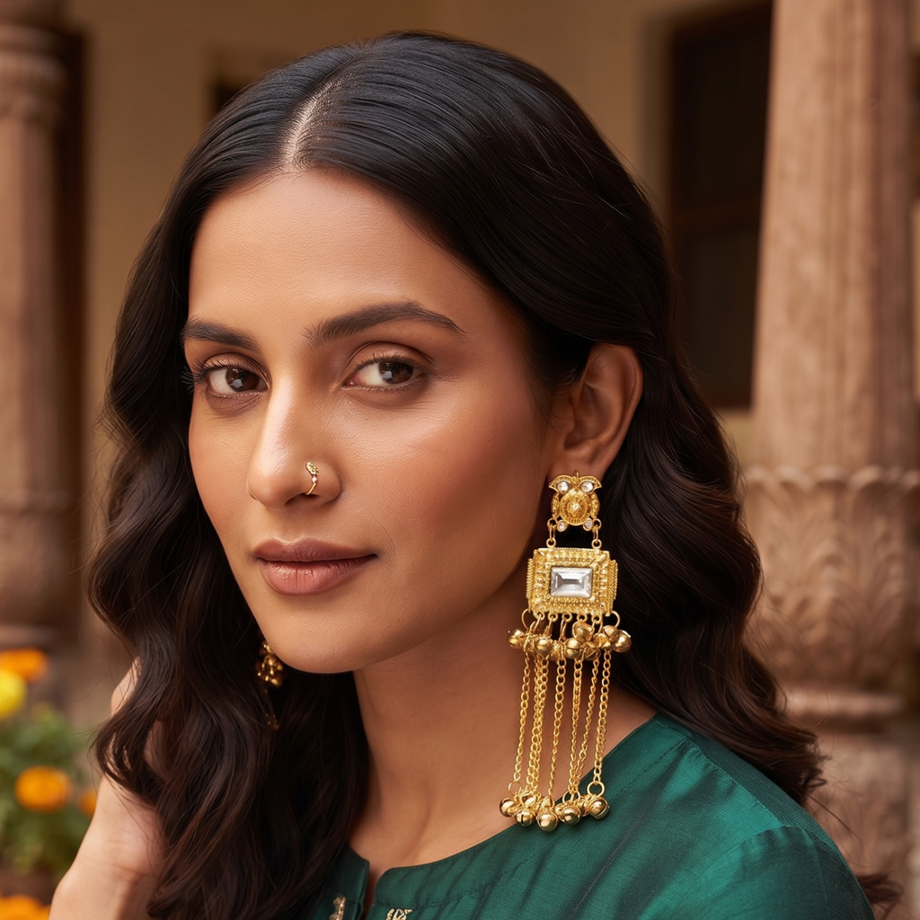 Kashmiri Style Gold Tone Chain Jhumka Earring for Women & Girls