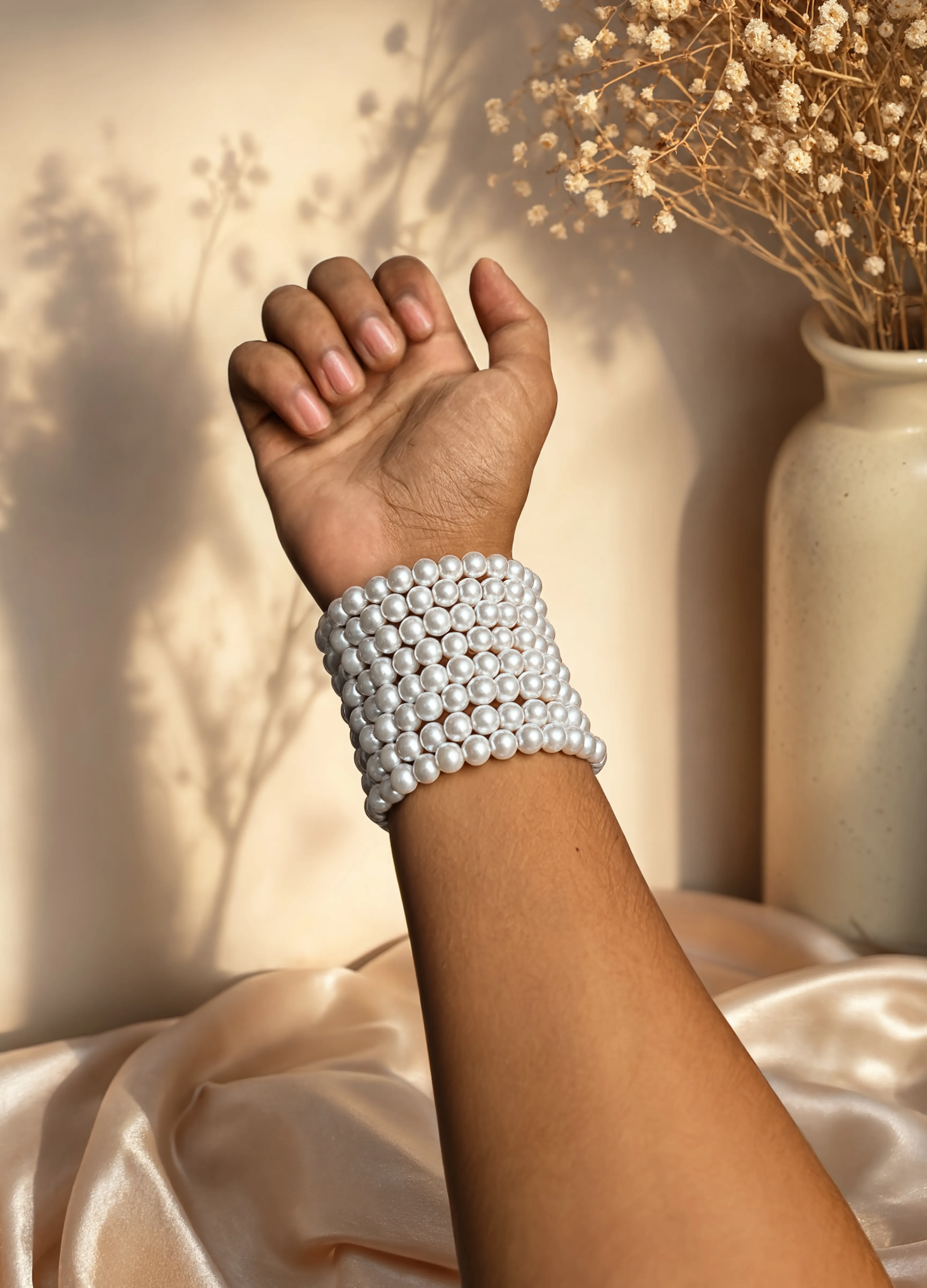 Multi-Strand Pearl Beaded Cuff Bracelet | Wide Statement Wrist Cuff
